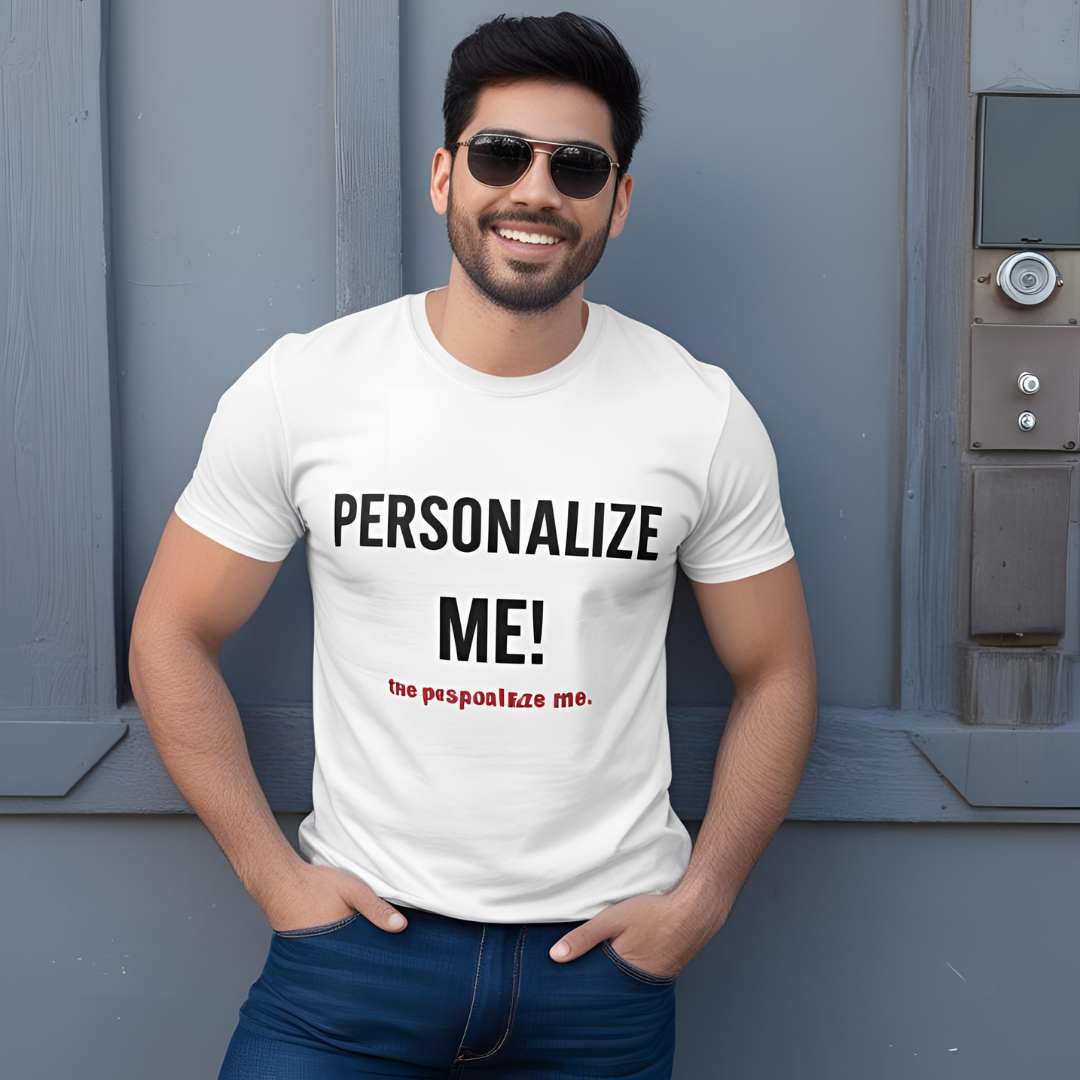 T-shirt à personnaliser t-shirt blanc avec le texte "PERSONALIZE ME!" en noir, portant des lunettes de soleil.